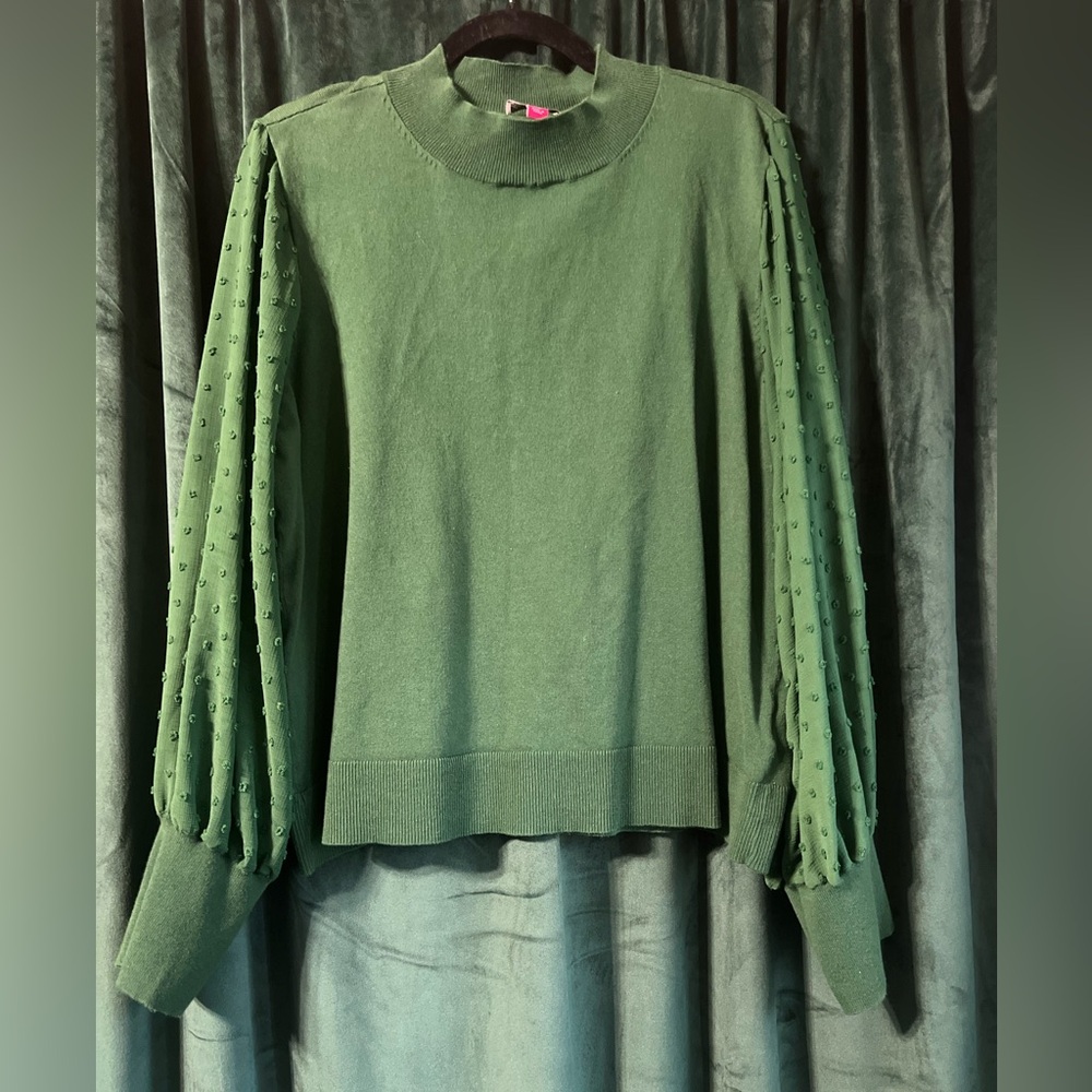 Vince Camuto Forest Green Sweater with Sheer Swiss Dot Sleeves